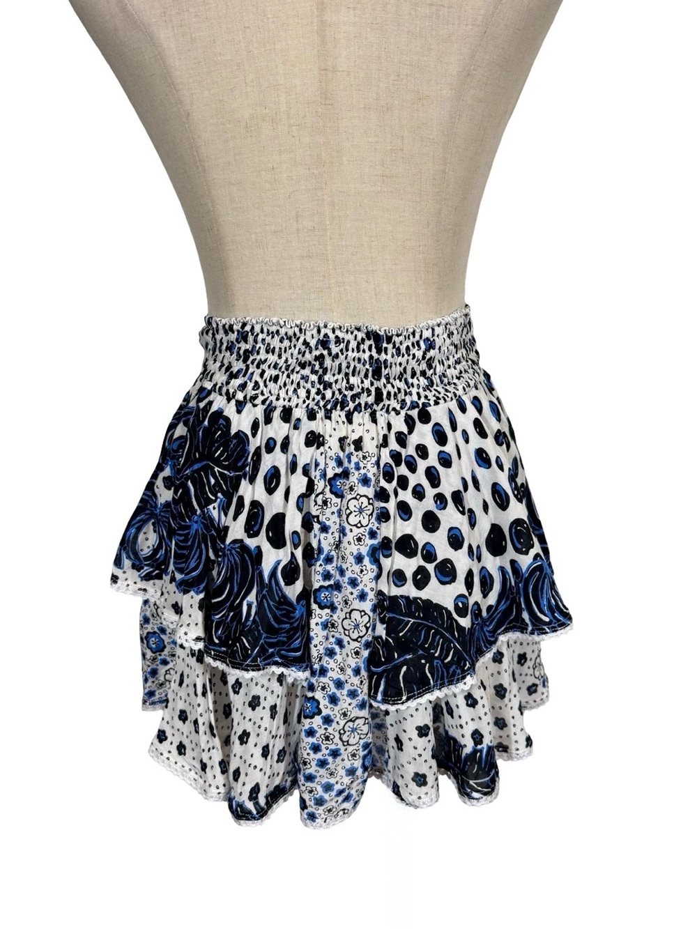 Poupette St Barth Naomi Ruffle Mini Skirt in Blue Black Persian Banana Print - Picture 6 of 10
